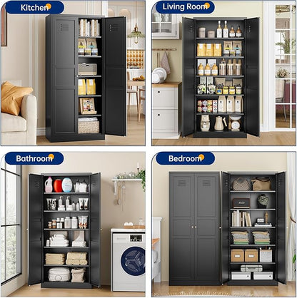 MIIIKO Metal Pantry Cabinet, Utility Storage Cabinets with 2 Doors and 5 Shelves, Freestanding Black Tall Cupboard for Garage, Shop, Laundry Room and Office, 71" H x 15.7" D x 31.5" W