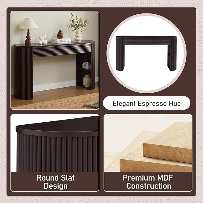 Retro Console Table with Storage, Rounded Console Table with 3 Drawers and 1 Table-Leg Niche, Round Slat Aesthetic for Entryway, Living Room, Hallway (Espresso-X306)