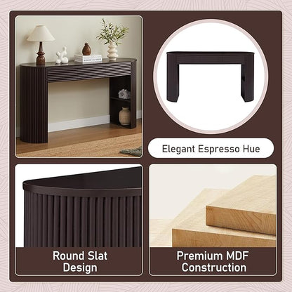 Retro Console Table with Storage, Rounded Console Table with 3 Drawers and 1 Table-Leg Niche, Round Slat Aesthetic for Entryway, Living Room, Hallway (Espresso-X306)