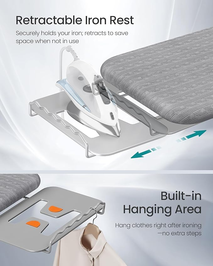 SONGMICS Ironing Board, Retractable Iron Rest, Foldable Iron Board, 43 x 13 Inches, Space-Saving, Height Adjustable, Padded with Cover, Hook, Dove Gray ULLB003GD02S