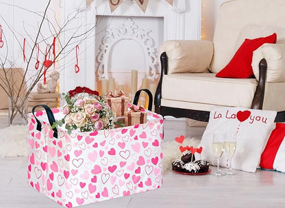 Girls Gift Basket Heart Print Storage Cube for Women, Closet Shelf Organizer Bins Empty Gift Basket with Handles Nursery hamper Kids Toys Books Box Room Deco