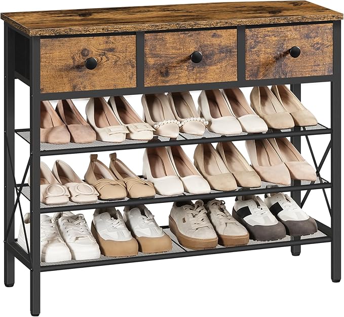 4-Tier Shoe Rack with 3 Drawers, Metal Shoe Organizer for 15 Pairs with Storage Shelves and Wooden Top, for Entryway, Hallway, Foyer, Closet, Rustic Brown and Black SS34BR