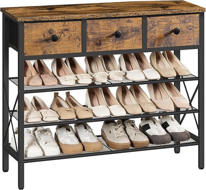 4-Tier Shoe Rack with 3 Drawers, Metal Shoe Organizer for 15 Pairs with Storage Shelves and Wooden Top, for Entryway, Hallway, Foyer, Closet, Rustic Brown and Black SS34BR