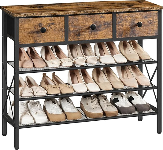 4-Tier Shoe Rack with 3 Drawers, Metal Shoe Organizer for 15 Pairs with Storage Shelves and Wooden Top, for Entryway, Hallway, Foyer, Closet, Rustic Brown and Black SS34BR