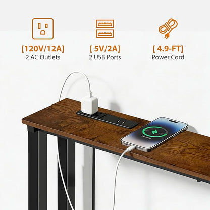 70" Narrow Console Sofa Table with Power Outlets & 2 USB Ports, L Shaped Behind Couch Table Skinny, 3 Assembly Options Entryway Tables with Charging Station for Living Room, Hallway, Brown, 70IN