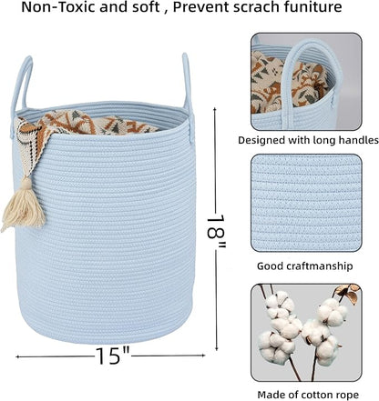 Cotton Rope Laundry Basket Hamper for Clothes Woven Storage Basket for Living Room Bedroom Boho Tall Rope Baskets for Blanket Toys Pillow Towels Baby Nursery Hamper Bin light blue