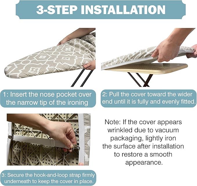 Ironing Board Cover and Pad 18"x49" Extra Thick Natural Cotton, Scorch and Stain Resistant Iron Board Cover, Wide Ironing Board Cover with Fasteners Heavy Duty Heatproof Elastic Edge Blue