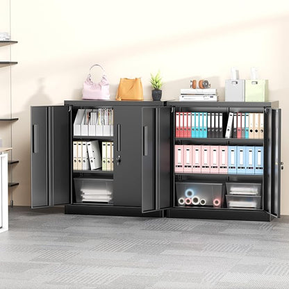 Greenvelly 36" H x 32" W x 16" D Black Metal Storage Cabinet with 2 Locking Doors and 2 Adjustable Shelves, Ideal for Home Office, Garage