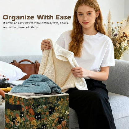 Wildflower Black Cat Gift Storage Box Bins Basket, Cat Lover Gifts, Floral Kitten Collapsible Storage Basket Organizer for Bedroom Laundry Room Home Clothes Toys Books, Toybox for Girls