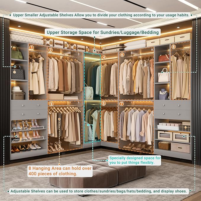 Large Closet System with Corner(3 Sets), 91.5" * 91.5"/31.5" * 151" Closet Organizer System with 4 Drawers and 8 Hanging Robs, Reversible Walk-in Closet System with Heavy Duty Shelving, Morandi Grey