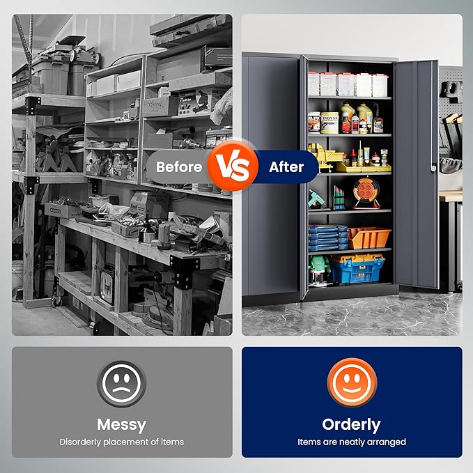 Yizosh Metal Garage Storage Cabinet with Lock, 71" Locking Tool Cabinet with 2 Doors and 5 Shelves, Tall Steel Cabinet for Garage, Heavy Duty File Cabinet for Office, School (Black Gray)