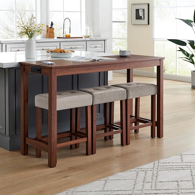 59" Power Outlet Mid Century Console Table, Slim Console Table with Solid Wood Frame, Long Narrow Console Tables for Living Room & Kitchen, Cherry