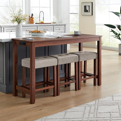 59" Power Outlet Mid Century Console Table, Slim Console Table with Solid Wood Frame, Long Narrow Console Tables for Living Room & Kitchen, Cherry