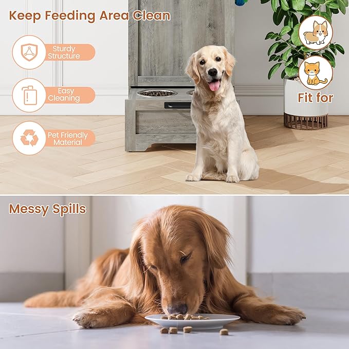 Dog Feeding Station with 2 Elevated Dog Bowls, Pet Feeding Station,Flip Top Pet Food Cabinet,Pet Food Container,Pet Toy Storage Organizer,Modern Storage Organizer,Grey
