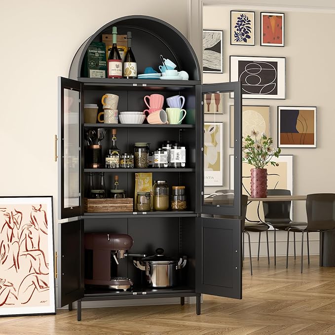 Metal Arched Bookcase Cabinet with 4 Doors,Arched Kitchen Pantry Cabinet for Home Office Living Room,Required Assembly,Black