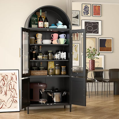 Metal Arched Bookcase Cabinet with 4 Doors,Arched Kitchen Pantry Cabinet for Home Office Living Room,Required Assembly,Black