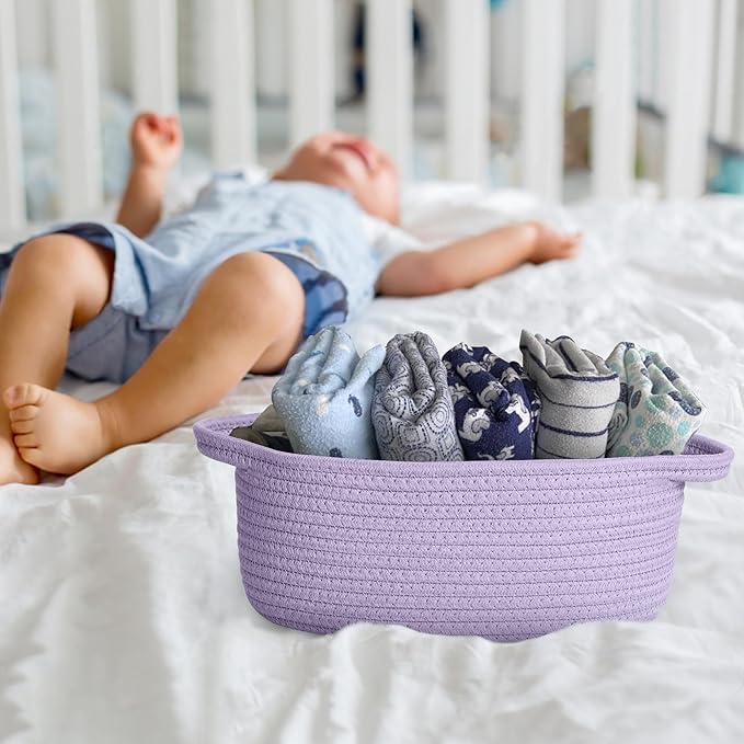 Small Woven Gift Basket, Baskets for Gifts Empty, Cotton Rope Cat Dog Toy Bin Box, Nursery Baby Basket, Wicker Basket with Handles, Shelf Storage Basket for Home Decor, Purple, 12"x 8"x 5"