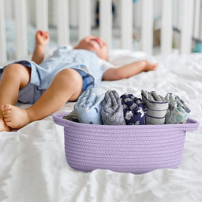 Small Woven Gift Basket, Baskets for Gifts Empty, Cotton Rope Cat Dog Toy Bin Box, Nursery Baby Basket, Wicker Basket with Handles, Shelf Storage Basket for Home Decor, Purple, 12"x 8"x 5"