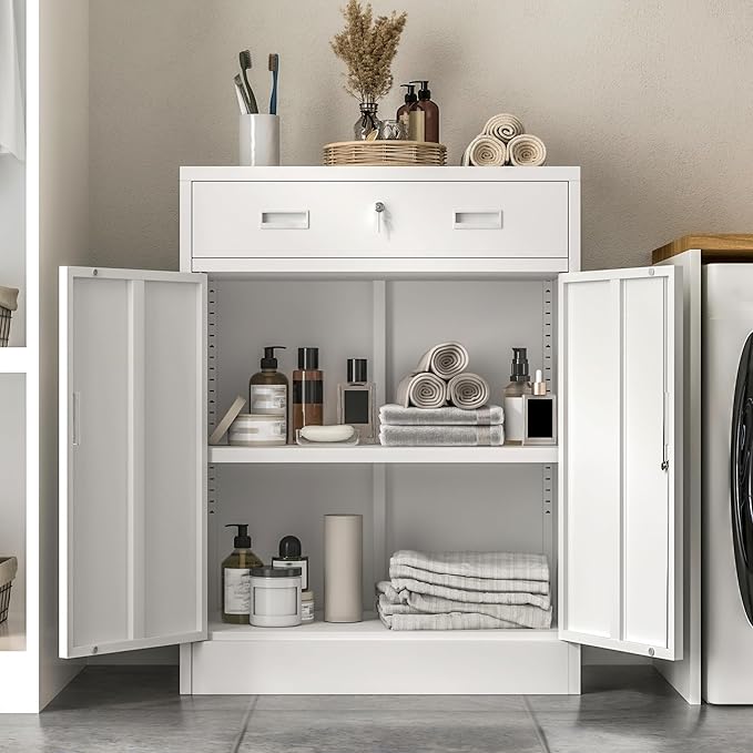 CMY Metal Storage Cabinet, Locking Storage Cabinet with 1 Drawer and Adjustable Shelf, 36.2" H x 28" W x 16" D Metal Cabinet for Office, Garage, Home-White