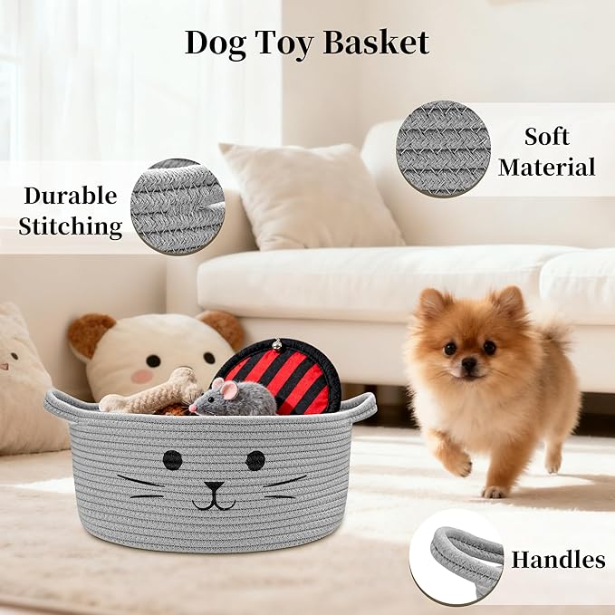 Large Cat Toy Basket - Gift Baskets Empty for Baby Shower Baby Baskets for Nursery Cute Woven Rope Storage Basket for Home Decor, Cat Pet toy box, Grey Easter basket, 13" D x 6" H