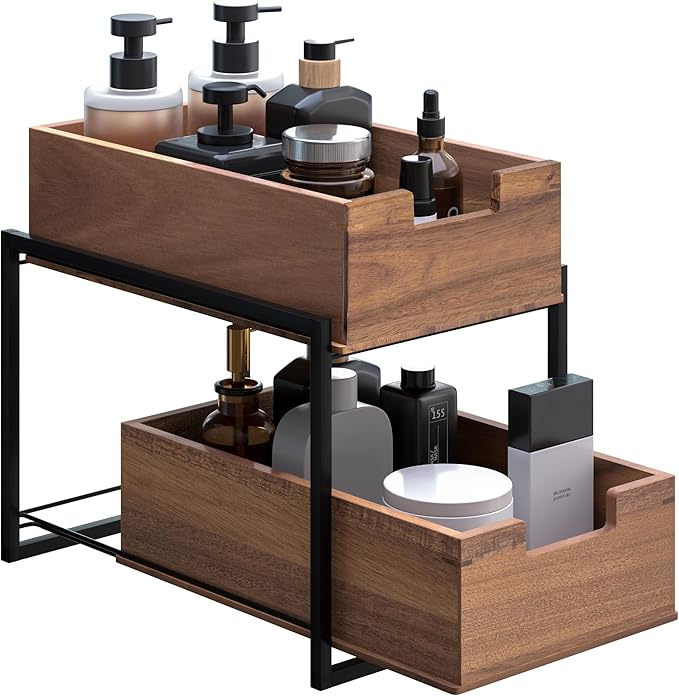 Seville Classics Acacia Wood Premium Organizer Storage Bins for Kitchen Silverware, Pantry, Closet, Office Desk, Pens, Utensils, Makeup, K Cup, Acacia, 2-Tier Bin Set, Black