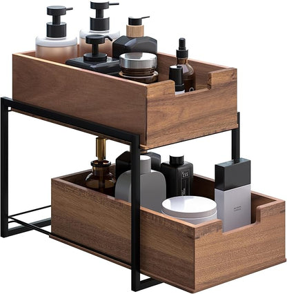 Seville Classics Acacia Wood Premium Organizer Storage Bins for Kitchen Silverware, Pantry, Closet, Office Desk, Pens, Utensils, Makeup, K Cup, Acacia, 2-Tier Bin Set, Black