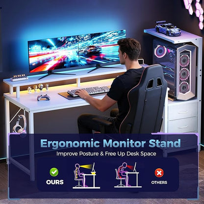 DUMOS L Shaped Gaming Desk with Shelves Storage Drawers 59'', White Computer Desks with LED Lights Power Outlets, Office Wood Table with PC Stand Cable Management for Bedroom Dual Monitor Streaming