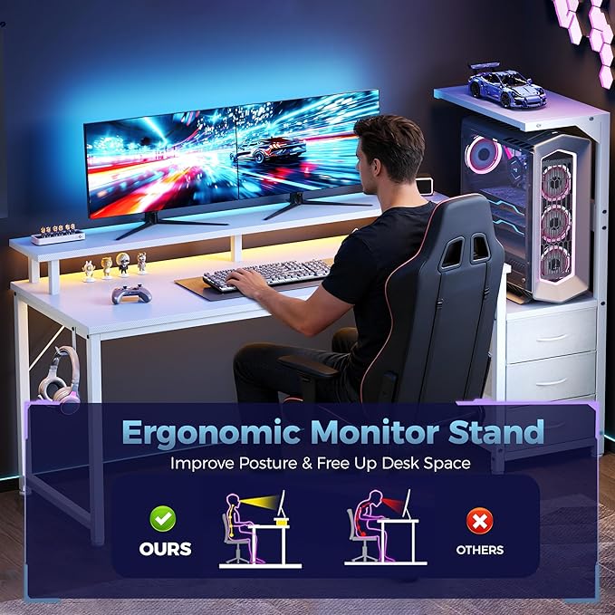 DUMOS L Shaped Gaming Desk with Shelves Storage Drawers 59'', White Computer Desks with LED Lights Power Outlets, Office Wood Table with PC Stand Cable Management for Bedroom Dual Monitor Streaming