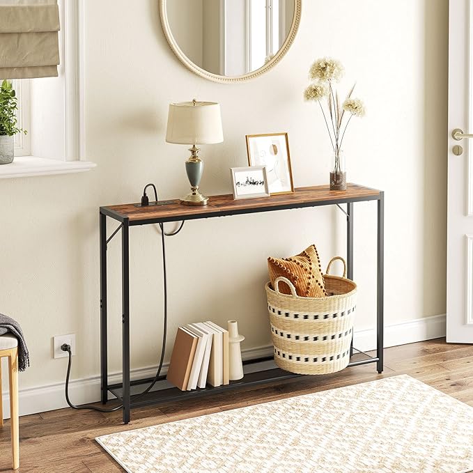 Sofa Table with Power Outlet, 43.7" Console Table with USB Ports, Behind Couch Table, Entryway Table for Living Room, Hallway, Foyer, Metal Frame, Adjustable Feet, Rustic Brown CTHR11E01Z1N1