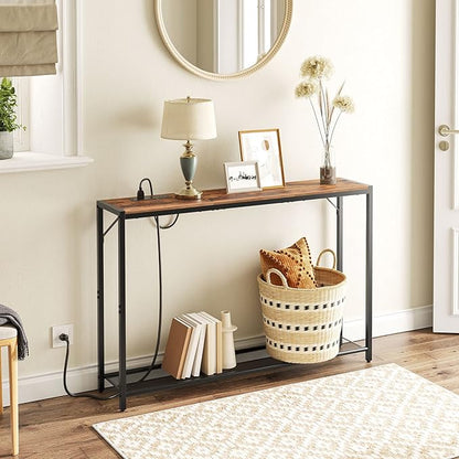 Sofa Table with Power Outlet, 43.7" Console Table with USB Ports, Behind Couch Table, Entryway Table for Living Room, Hallway, Foyer, Metal Frame, Adjustable Feet, Rustic Brown CTHR11E01Z1N1