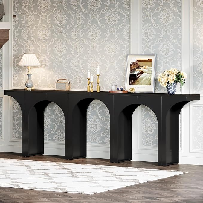 Tribesigns Black Console Table, 94-Inch Entryway Console Table, Wood Sofa Table Behind Couch with Arched Base, Narrow Hallway Table, Modern Foyer Accent Table for Entrance Living Room (Set of 2)