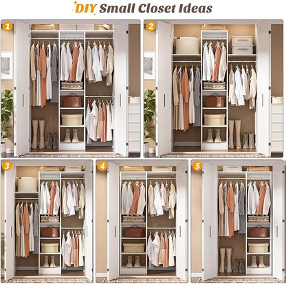 Cyclysio 4FT Small Closet System, 80"H Closet Organizer System with 4 Closets Rods & 3 Shelves, 48" Closets Organizers and Storage for Small Bedrooms, Laundry Rooms, Cloakrooms, White