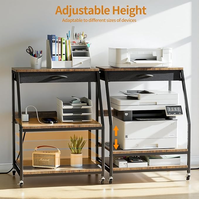 Housolution 22.05" x 18.9" Large Printer Stand with Storage, 3 Tier Printer Table with Fabric Drawer & Charging Station, Heavy Duty Home Office Rolling Stand for Scanner, Fax, Paper Shredder