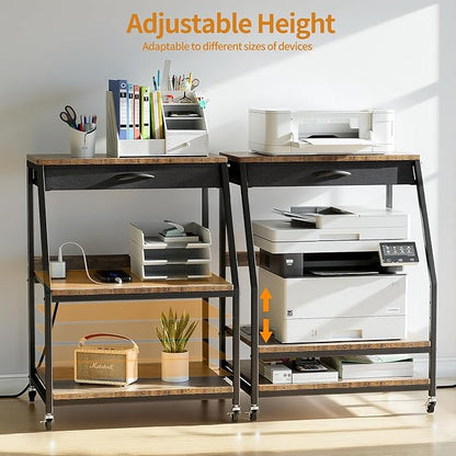 Housolution 22.05" x 18.9" Large Printer Stand with Storage, 3 Tier Printer Table with Fabric Drawer & Charging Station, Heavy Duty Home Office Rolling Stand for Scanner, Fax, Paper Shredder