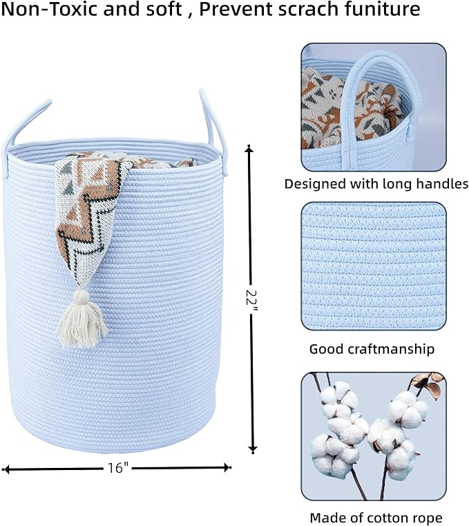 Cotton Rope Laundry Basket Hamper for Clothes Woven Storage Basket for Living Room Bedroom Boho Tall Rope Baskets for Blanket Toys Pillow Towels Baby Nursery Hamper Bin light blue Large