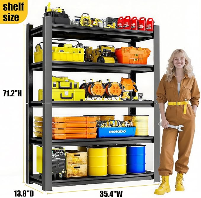 72" H Metal Garage Shelving Unit 3000LBS Heavy Duty Storage Shelves 5 Tier Adjustable Metal Shelf for Garage Kitchen Warehouse Pantry Basement, 72" H*36" W*14" D, Black