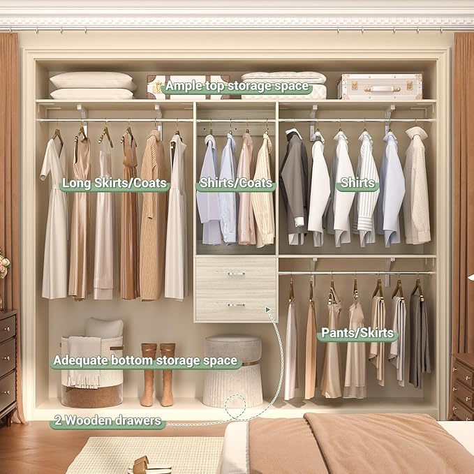 Cyclysio 8 FT Hanging Closet Organizer System, 96 Inch Closet System with Drawers, Walk in Closet System with 4 Adjustable Rods and 3 Shelving Towers for 4-8FT Spaces(Cut-to-Fit), Oak