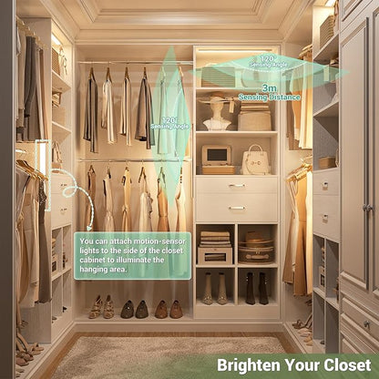Closet System, 4-8 FT Closet Organizer with Smart Sensor Lights, 2 Wooden Drawers and 5 Hanging Rods, Can Fit 60 to 96 inch Walk-in Closet System, White
