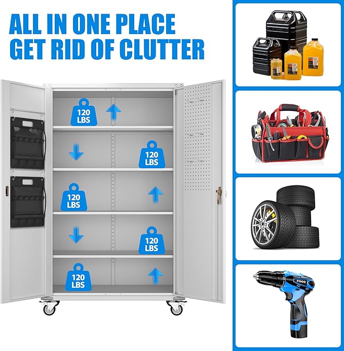 SUXXAN 2025 Upgraded Wide & Deep Garage Storage Cabinet with Wheels, Lockable Metal Storage Cabinet with Pegboards and 9 Hooks, 2 Tool Pouches for Garage,4 Adjustable Shelves