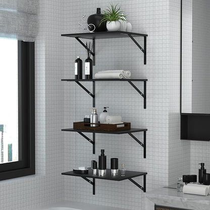 Deep Floating Wall Shelves - 4 Sets of 12 Inch Wide Black Wood Shelves for Bathroom, Bedroom, Kitchen, Living Room