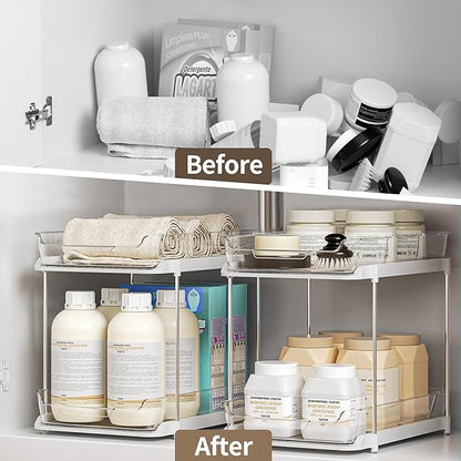 Delamu 2-Tier Multi-Purpose Bathroom Under Sink Organizers and Storage, Stackable Kitchen Pantry Organization, Pull Out Medicine Cabinet Organizer with Movable Dividers, White, 1 Pack