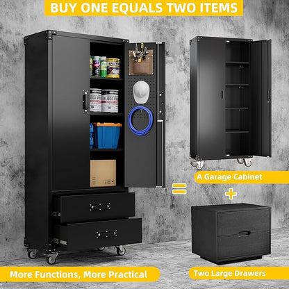 Garage Storage Cabinet with 2 Drawers and Pegboard, Metal Storage Cabinet with 2 Lockable Doors for Garage Home Office,Required Assembly,Black,71.2" H*15.2" D*30" W