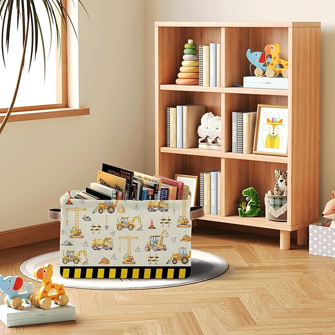 Construction Truck Basket - Excavator Storage Baskets Collapsible - Bulldozer Storages Bin Decor - Tractor Decor for Boys Room - Excavator Rectangle Baskets for Kids Clothes, Gifts, Books