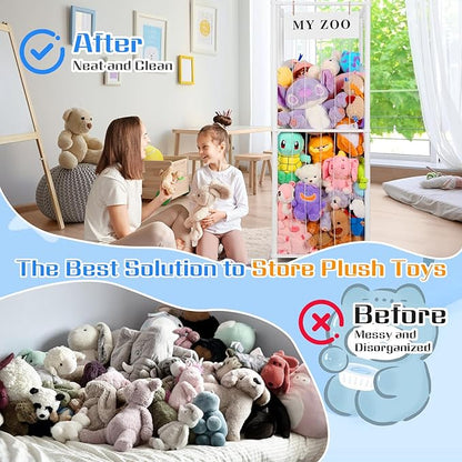 Stuffed Animal Storage Zoo with Wheels, Wooden Stuffed Animal Organizer with Elastic Cords, Space Saving Toy Plushies Storage Holder for Playroom, Bedroom, Living Room(White, Large)