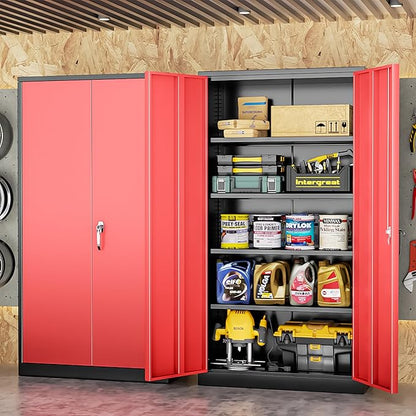 Bonusall Tool Garage Cabinet with Lock, 2 Doors Metal Storage Cabinets with 4 Adjustable Shelves, Lockable Steel Cabinet for Home Office, Warehouse，School(Black Red)