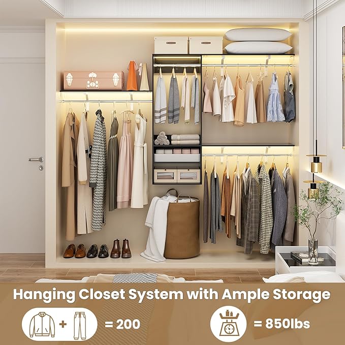 96 Inch Hanging Closet System, 8 FT Closet Organizer System with Hanging Rod, Walk In Mounted Closet System, Built-In Clothes Garment Rack with 3 Shelving Towers(Can Be Cut To Fit), Black