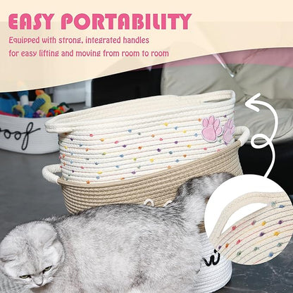 Sea Team Pet Toy Storage Basket with Handles, 16.5 x 11 x 7 Inches, 4.4 Gallons Large Cotton Rope Storage Bin, Shelf Basket, Organizer for Cat, Dog Chew Toys, Foods, Rainbow & Pink Paws