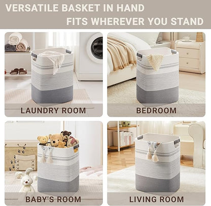 75L Tall Laundry Hamper with Handles for Living Room Storage, Large Woven Rope Baskets Bin for Blanket, Kids Toy, Gifts, Wicker Hamper for Bedroom Dirty Clothes, 16"x13"x22" White Grey