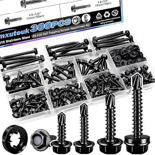 mxuteuk 300PCS #8#10 Self Tapping Screws,410 Stainless Steel Self Drilling Screws,Black Zinc Hex Washer Head Sheet Metal Screws Suitable for Wood, Metal or Tough Materials(150pcs Screw+150pcs Washer)