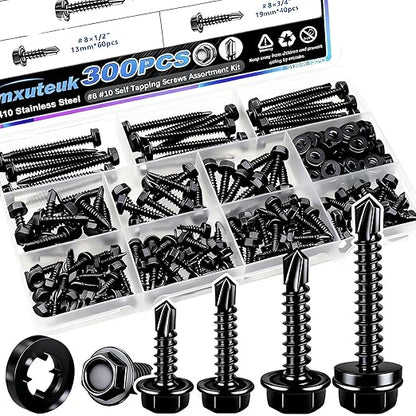 mxuteuk 300PCS #8#10 Self Tapping Screws,410 Stainless Steel Self Drilling Screws,Black Zinc Hex Washer Head Sheet Metal Screws Suitable for Wood, Metal or Tough Materials(150pcs Screw+150pcs Washer)